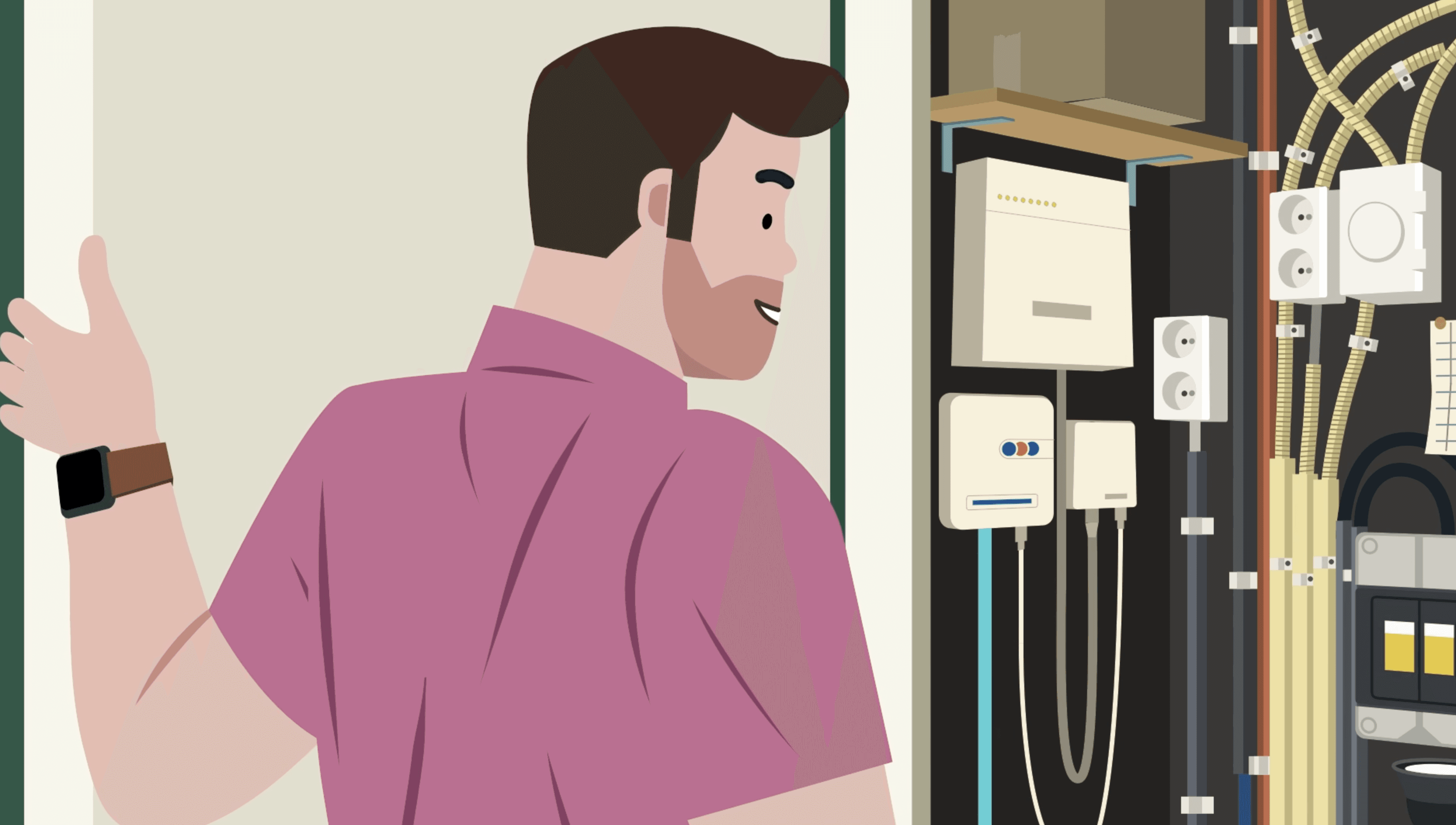 Man in roze shirt en smartwatch die een duim omhoog steekt terwijl hij een open nuts-/communicatiepaneel met kabels en stopcontacten inspecteert.