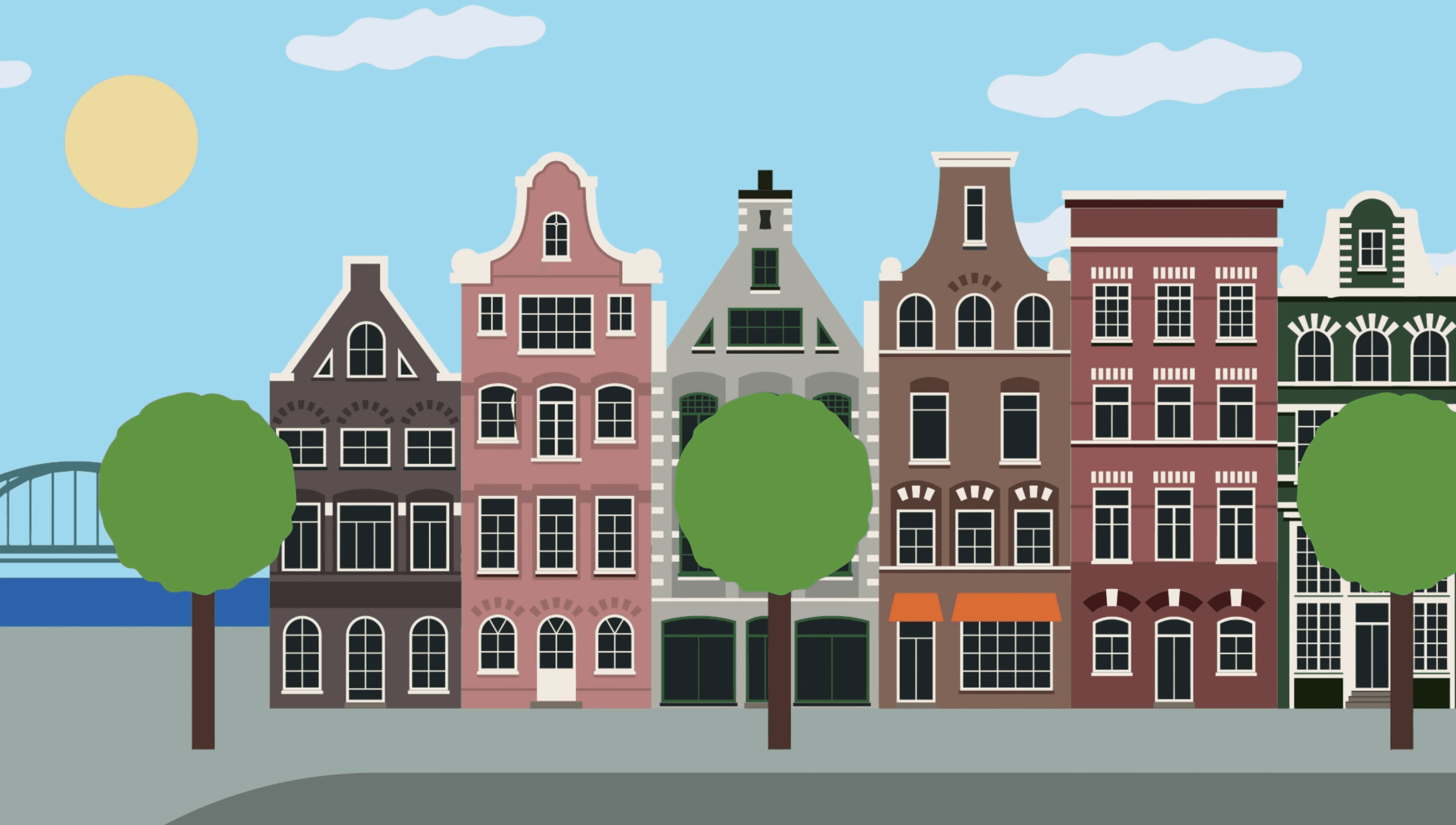 Cartoonrij van kleurrijke smalle grachtenpanden aan een rivier met bomen, een brug, zon en wolken.